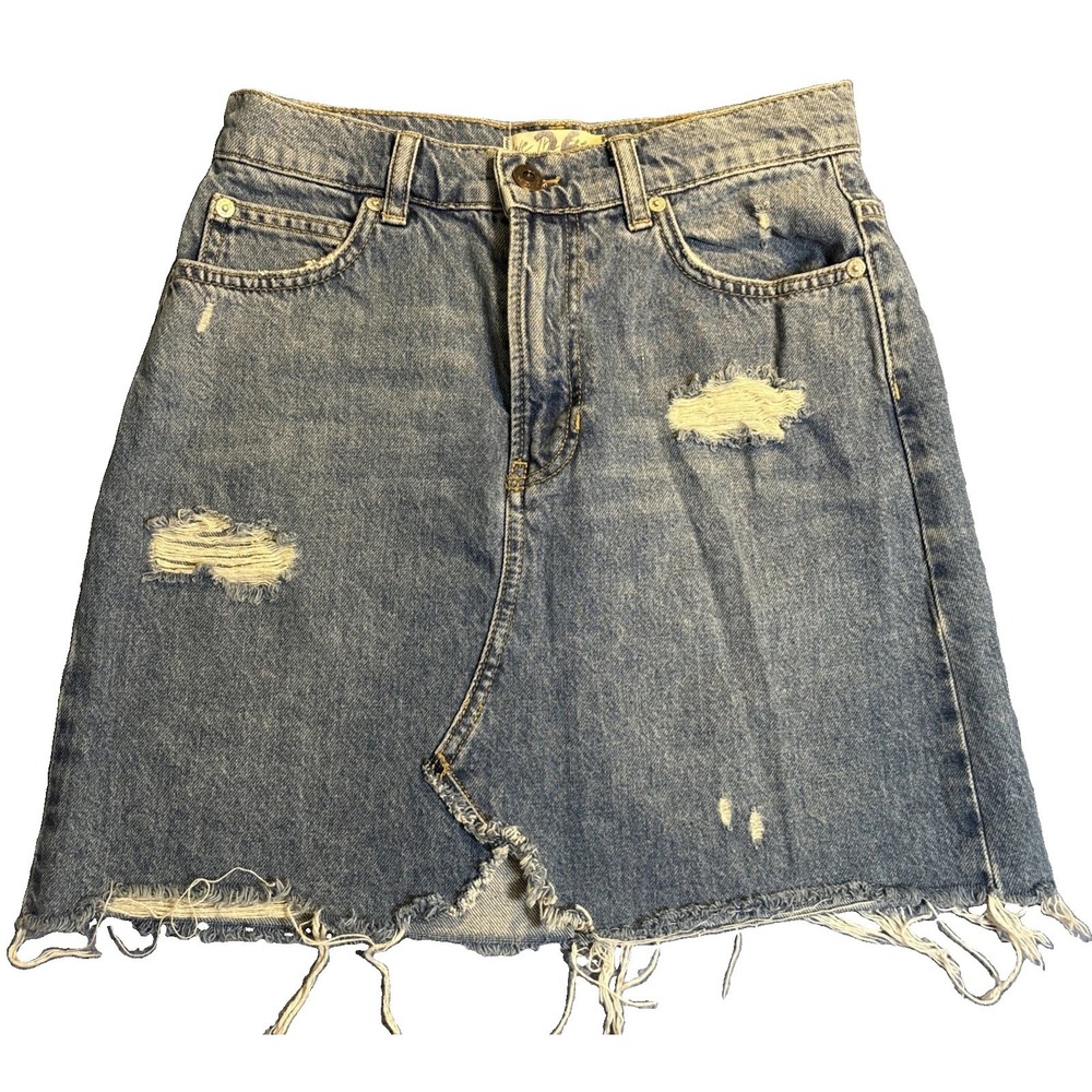Free People We The Free Mini Skirt Womens Blue Excellent Distressed Denim 26